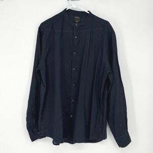 Doppelgänger Roma Boutique Navy Blue 100% Linen Band Collar Shirt XL